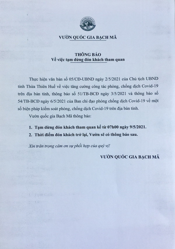 Vườn quốc gia Bạch Mã thông báo về việc tạm dừng đón khách tham quan để phòng, chống dịch bệnh Covid - 19