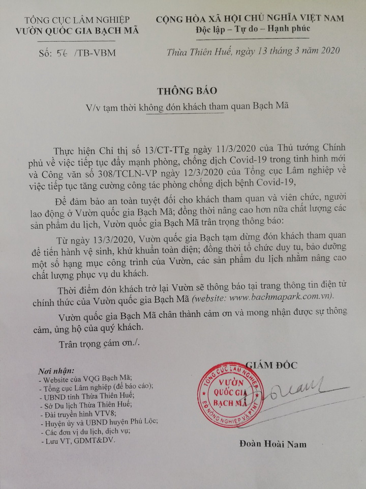 Vườn quốc gia Bạch Mã thông báo về việc tạm ngừng đón khách tham quan từ ngày 13/3/2020