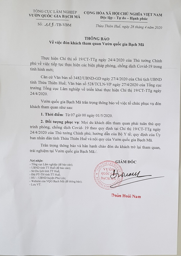 Thông báo về việc mở cửa phục vụ khách tham quan