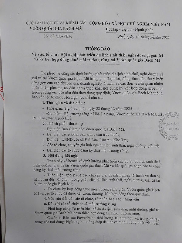 Vườn quốc gia Bạch Mã thông báo về việc tổ chức Hội nghị phát triển du lịch sinh thái, nghỉ dưỡng, giải trí