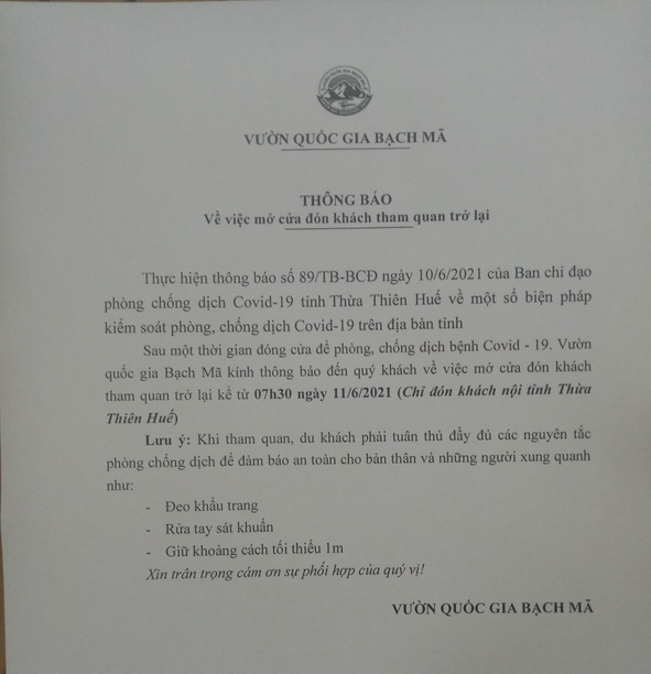 Vườn quốc gia Bạch Mã thông báo về việc mở cửa đón khách nội tỉnh tham quan Bạch Mã